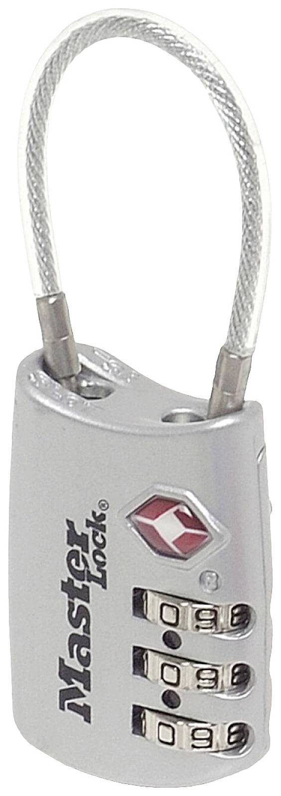 Een zilveren cijferslot met een viercijferige combinatie van Master Lock, geschikt voor het beveiligen van bagage of kleine waardevolle spullen.