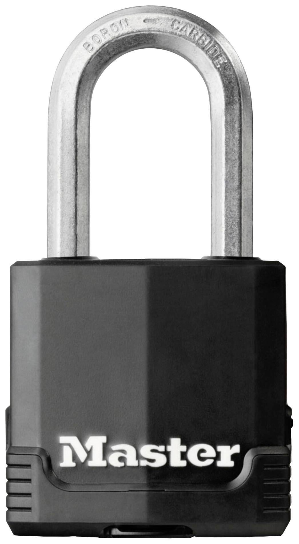 Een zwart hangslot met zilveren beugel. Op het slot staat 'Master'.