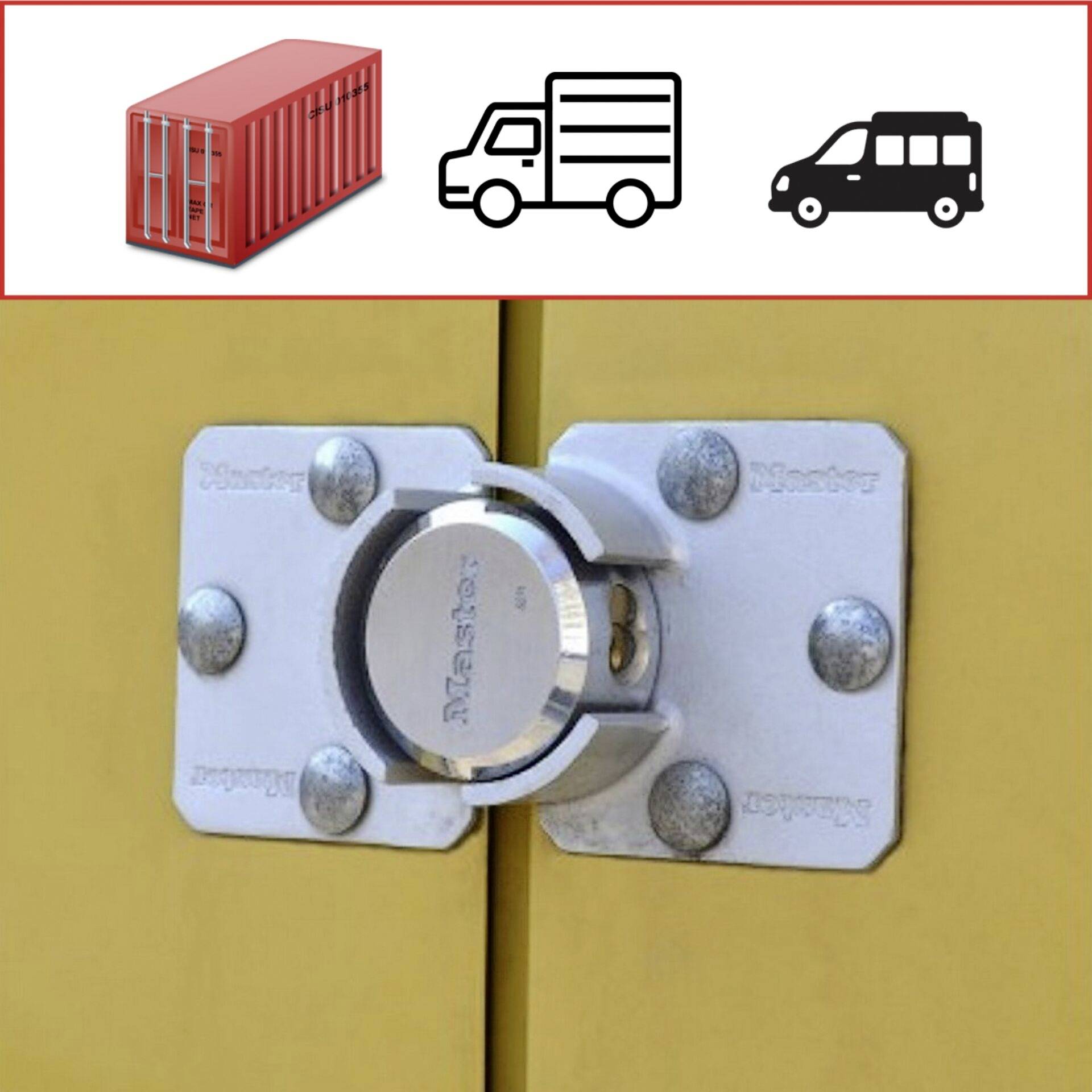 Een stevig slot aan een gele deur toont een gesloten systeem. Daarboven symbolen: container, vrachtwagen, bestelwagen – transportthema's.