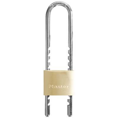 Een zilveren hangslot met een metalen beugel en een gouden behuizing, waarop 'Master' is gegraveerd.