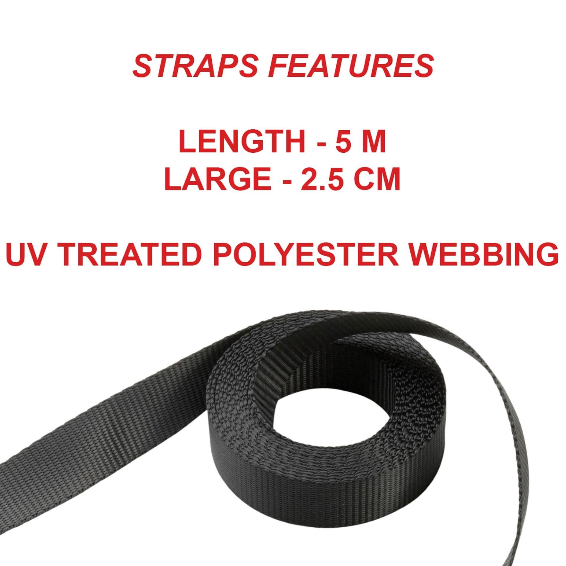 Gordeleigenschappen: lengte 5 m, breedte 2,5 cm. Vervaardigd uit UV-behandeld polyesterweefsel.