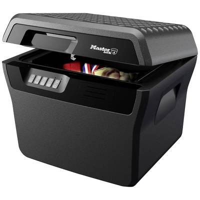 Een zwarte kluis met geopend deksel toont de inhoud, inclusief documenten. De kluis beschikt over een digitaal toetsenbord voor invoer.