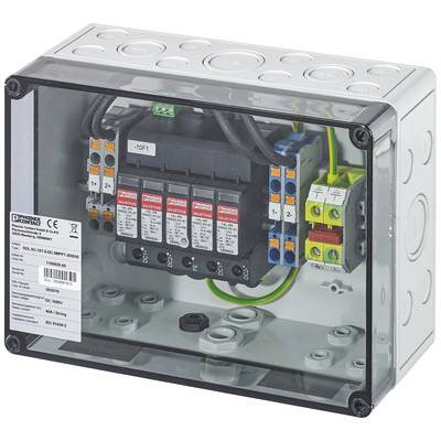 Een elektrische verdeelkast met meerdere zekeringen en bekabeling. Gekleurde aansluitklemmen en een etiket zijn zichtbaar.