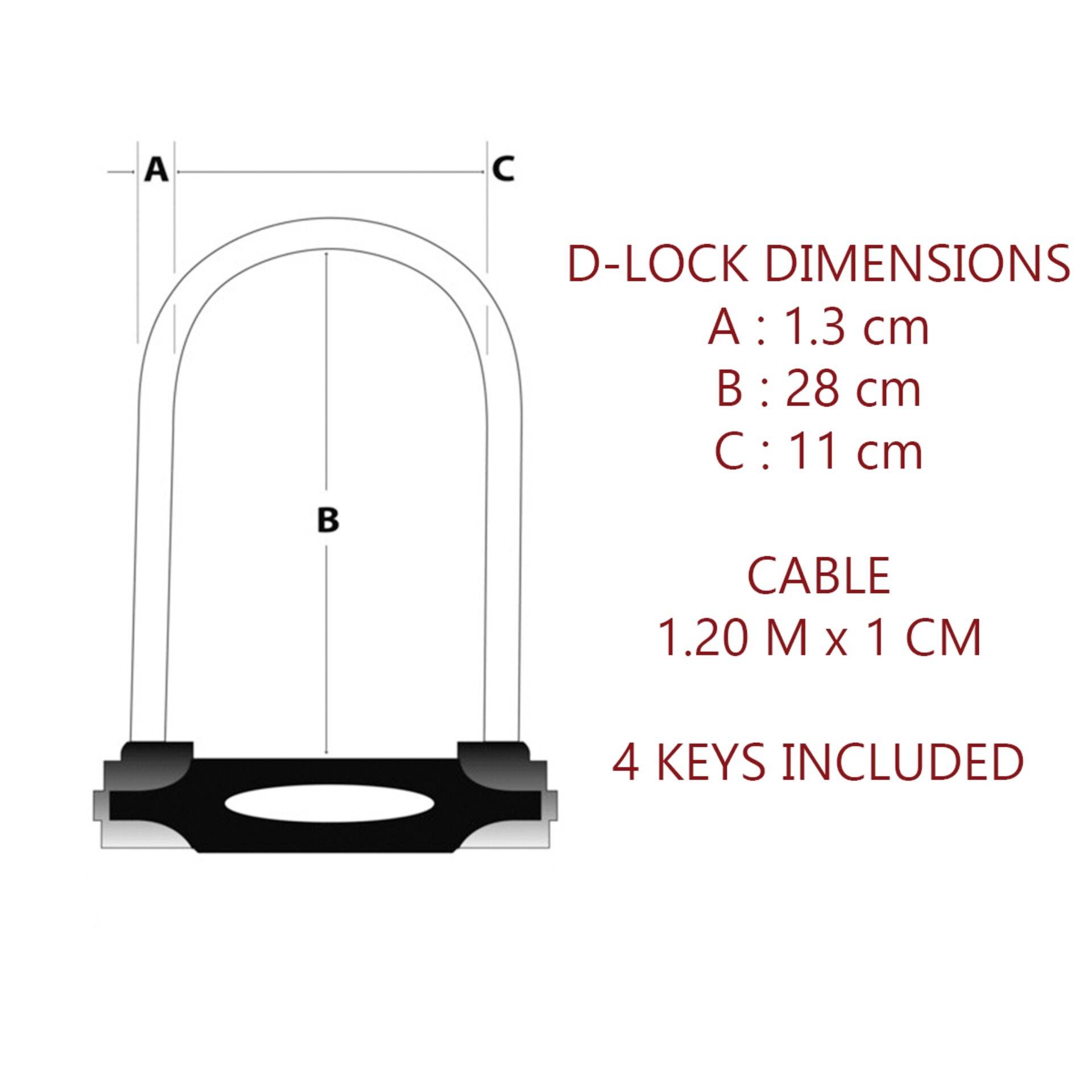 'Afbeelding van een D-slot met de afmetingen: A - 1,3 cm, B - 28 cm, C - 11 cm. Kabel: 1,20 m x 1 cm. Inclusief 4 sleutels.'