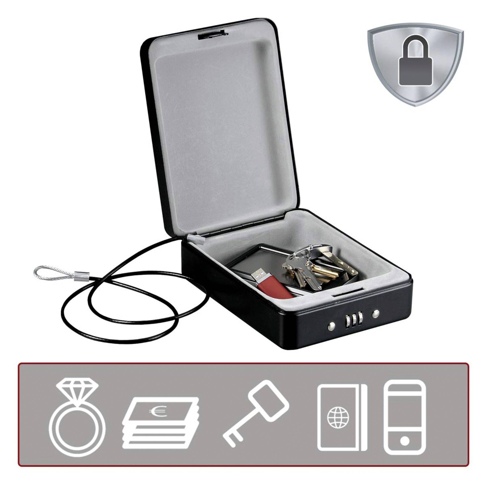 Een geopende kluis met sleutels en een USB-stick erin, met symbolen voor de bescherming van sieraden, geld en apparaten.