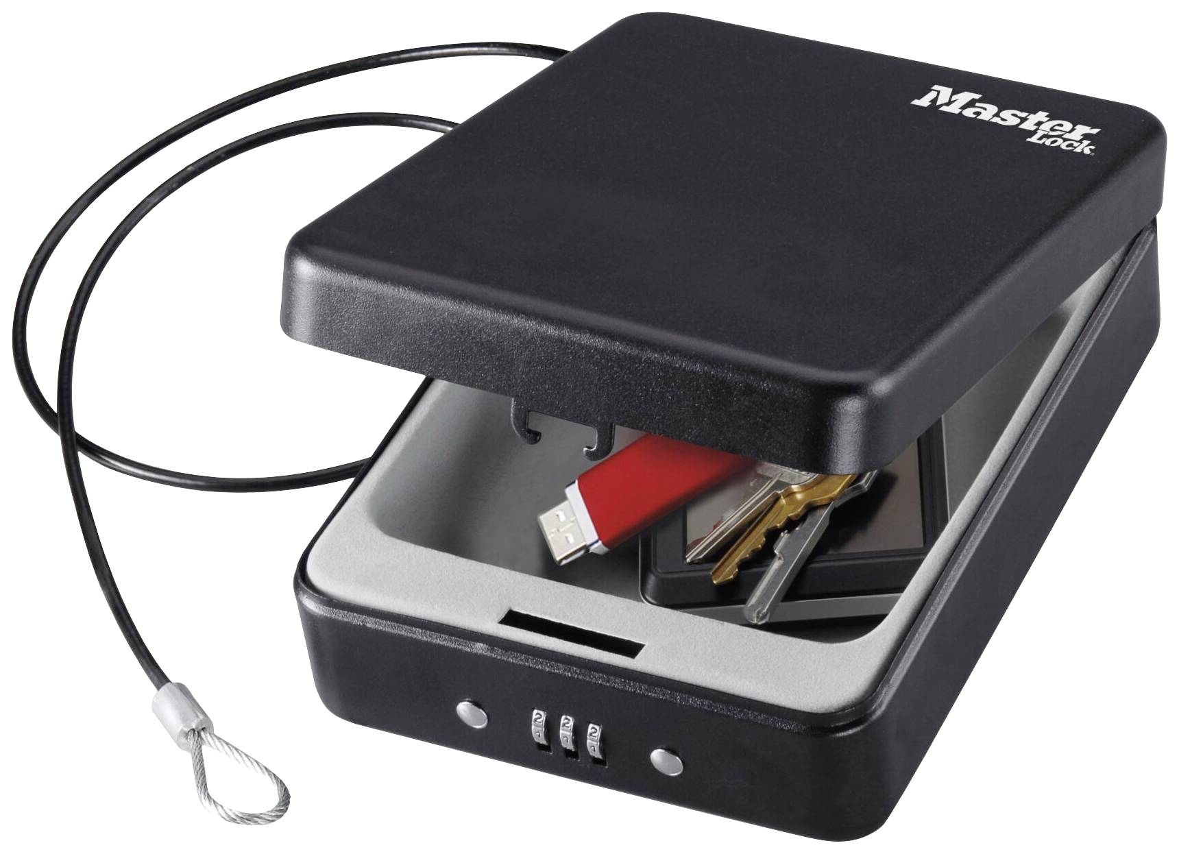 Open zwarte veiligheidsbox met cijferslot. Aan de binnenkant zijn een USB-stick en sleutels zichtbaar. Linksboven is een beveiligingskabel bevestigd.