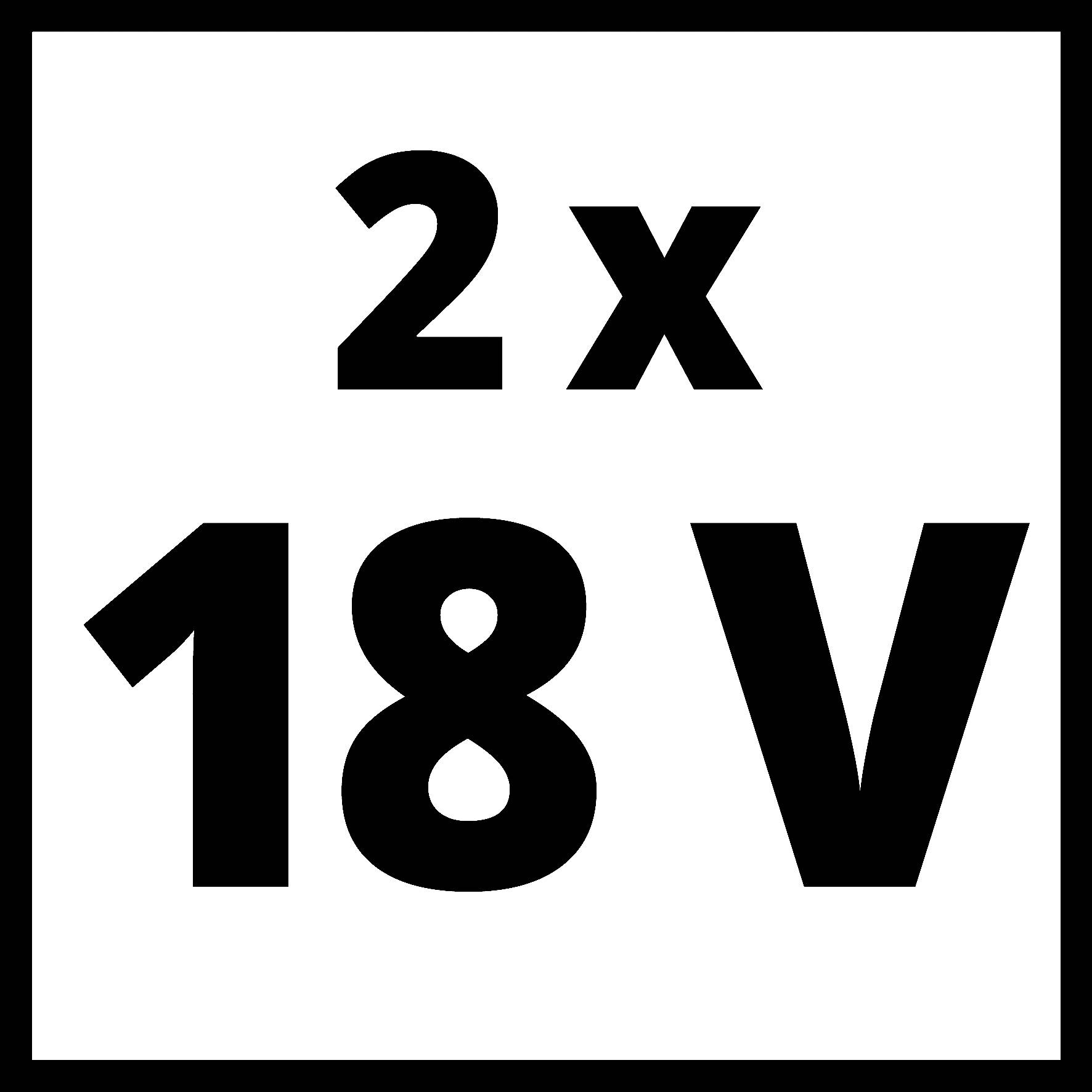'2 x 18 V' staat in grote zwarte cijfers en letters op een witte achtergrond.