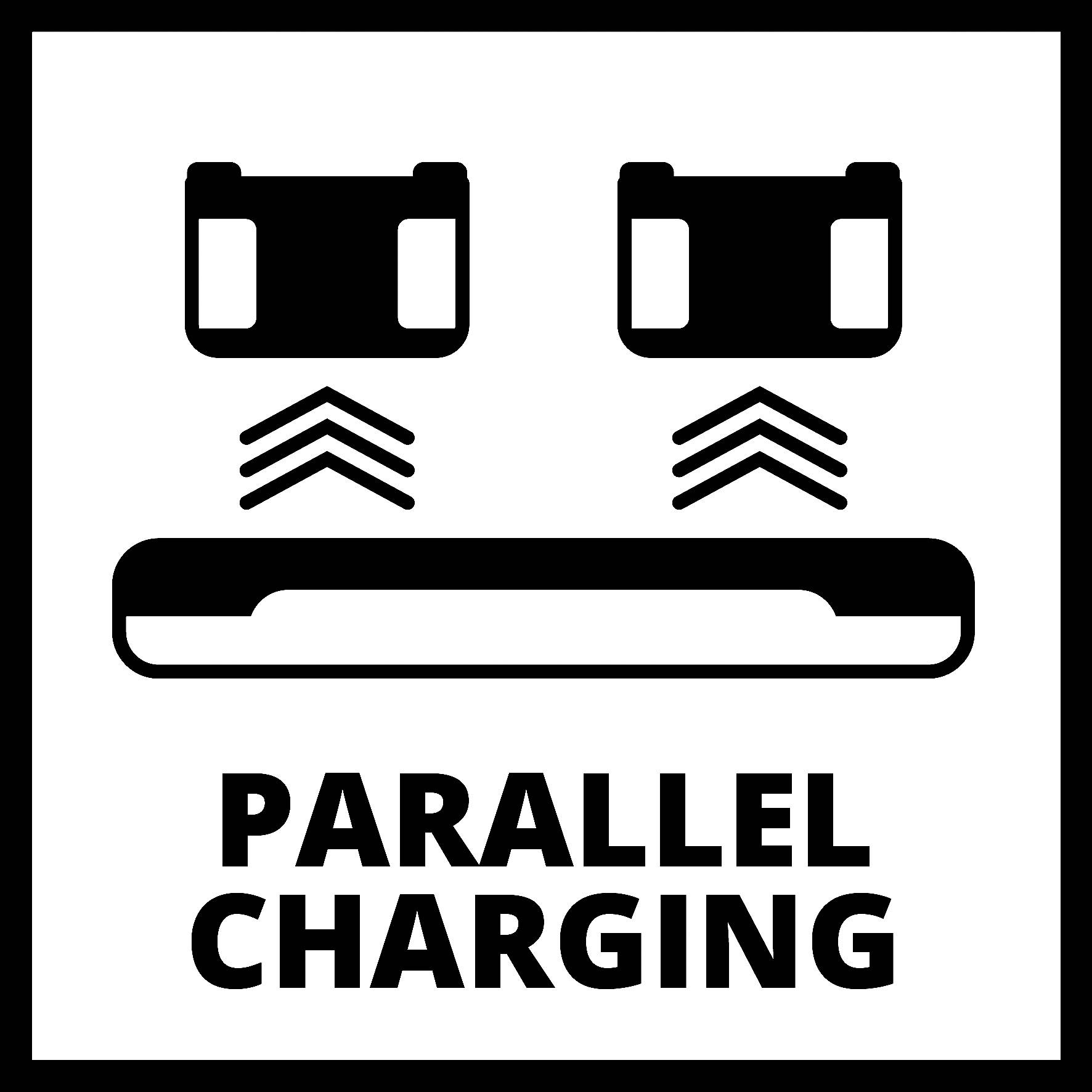 Twee batterijen worden gelijktijdig opgeladen op een basis. Daaronder staat 'PARALLEL CHARGING'.