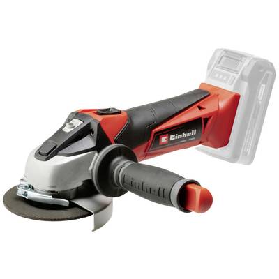 Accugevoed haakse slijper in rood en zwart met Einhell-logo. Gereedschap met afneembare beschermkap en comfortabel handvat.