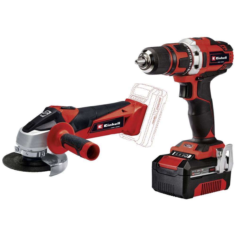 Einhell accu Boor-/Schroefmachine TE-CD 18/40 Li + accu Haakse Slijper TC-AG 18/115 Li Power X-Change (Li-ion - 2x 18 V - incl. 1x 4.0 Ah accu en lader - haakse slijper accessoires