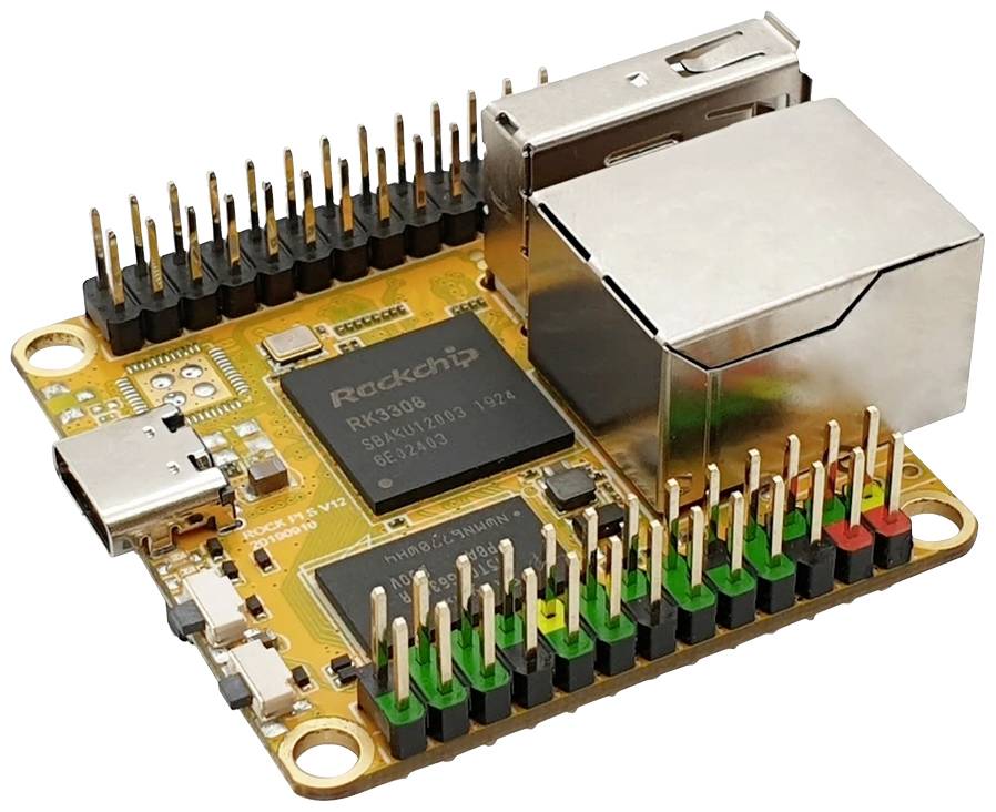 Een kleine, gele ontwikkelingsprint met elektronische componenten, waaronder een USB-aansluiting en Ethernet-poort. Markering 'ROCK Pi S'.