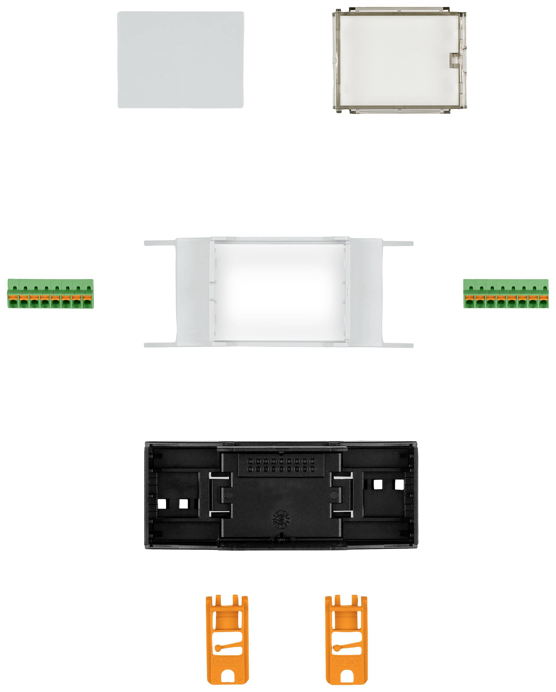 Elektronische schakelset met deksel, frame, twee aansluitrails, bevestigingssteun en twee oranje clips, weergegeven als losse onderdelen.