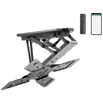 Gemotoriseerde tv-beugel met opvouwbare arm, afstandsbediening en bediening via smartphone-app. Ideaal voor flexibele, ruimtebesparende installatie.