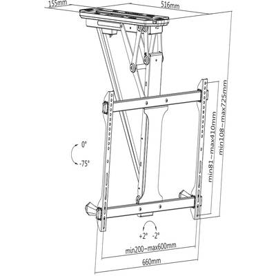 'Schets van een verstelbare tv-wandsteun met afmetingen en kantelhoeken. Breedte 660 mm, diepte 516 mm, hoogte 200-725 mm.'