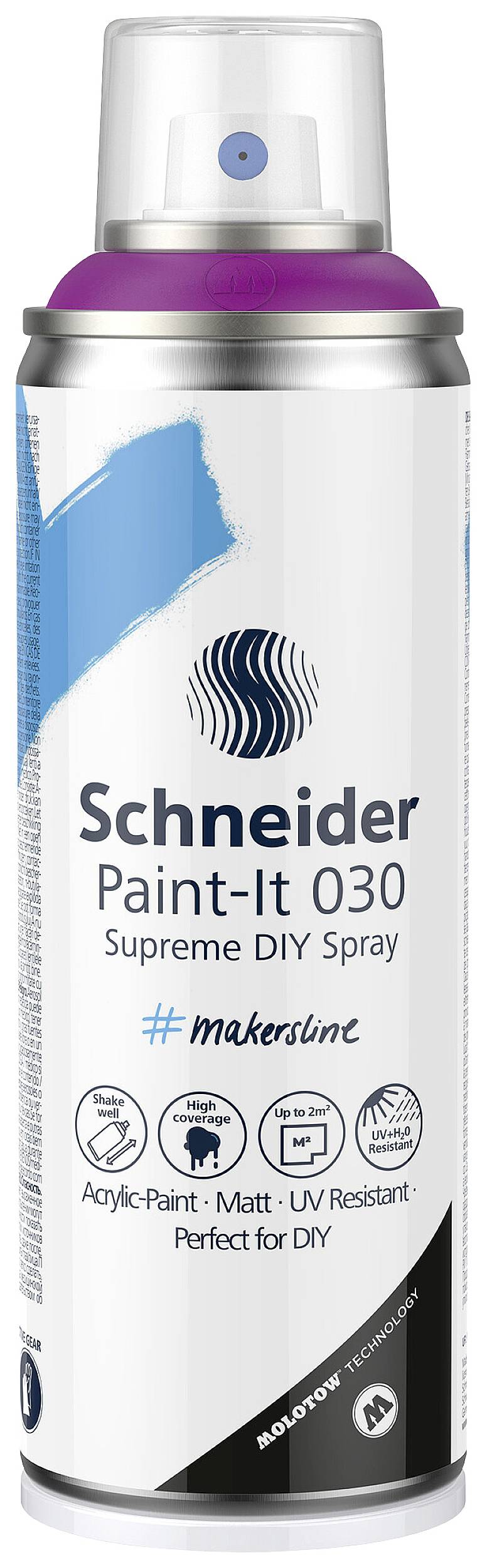 Spuitbus 'Schneider Paint-It 030' met paarse dop en blauwe versiering. Tekst: "Acrylverf, mat, UV-bestendig, perfect voor doe-het-zelf".