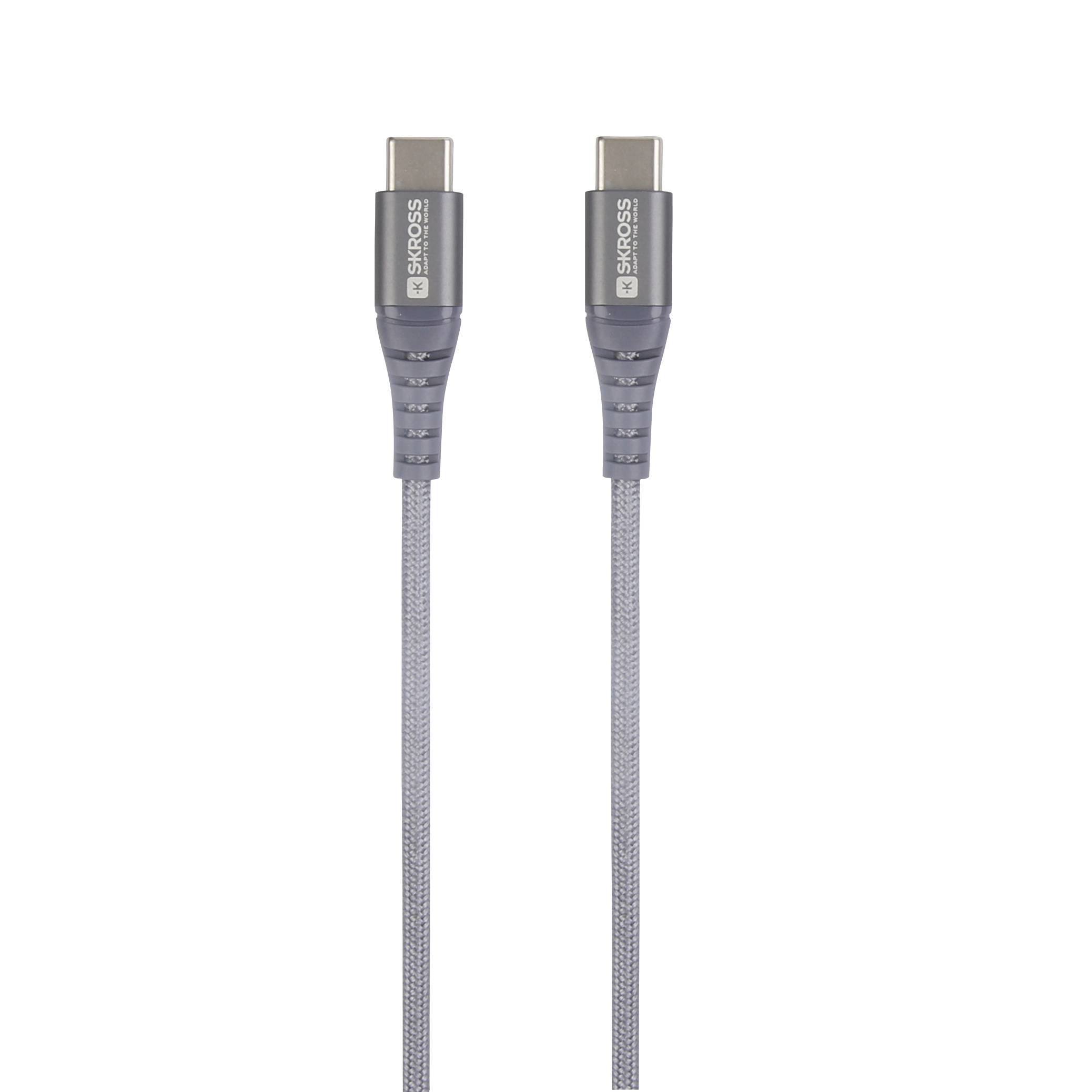 Twee grijze USB-C-kabels naast elkaar, elk met een geweven oppervlak en gemarkeerde aansluitingen.