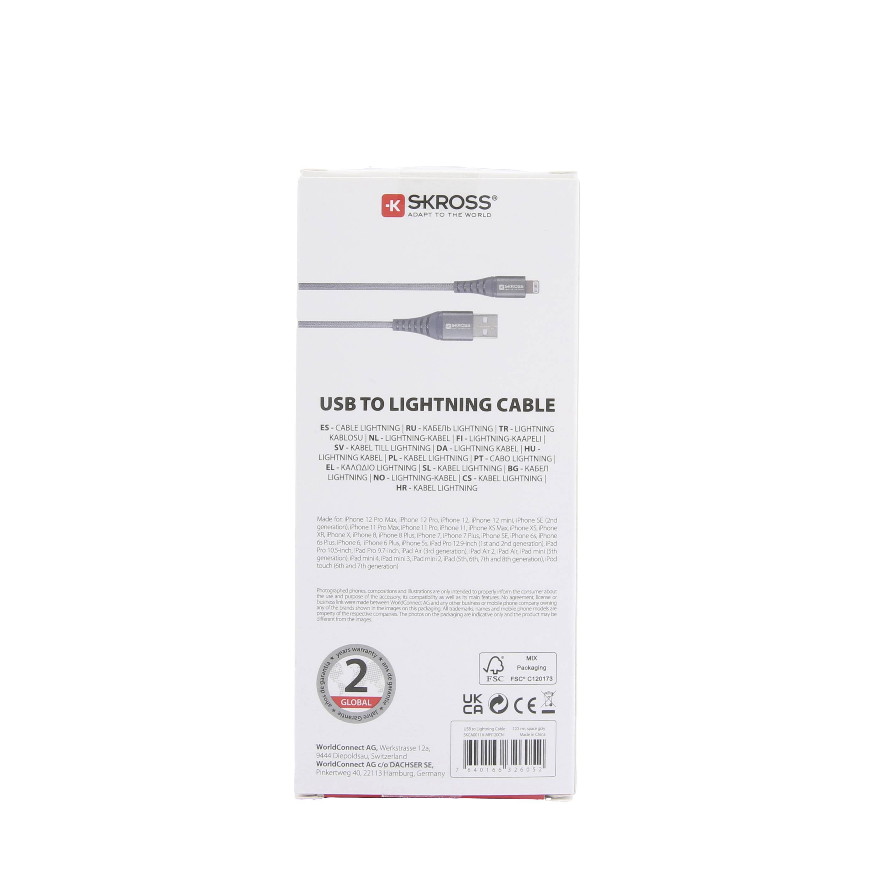 Skross USB naar Lightning-kabel in verpakking, 2 jaar garantie, compatibel met Apple-apparaten. Productbeschrijving op de verpakking.
