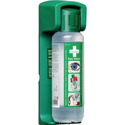 Een groene EHBO-doos met oogspoesfles van Cederroth. Etiket toont een oog en beschrijft toepassingen voor oogspoed.