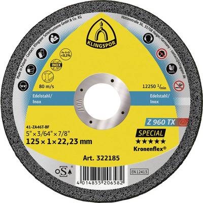 KLINGSPOR Kronenflex Z 960 TX snijschijf voor roestvrijstaal/inox, 125 x 1 x 22,23 mm, max 12.250 rpm