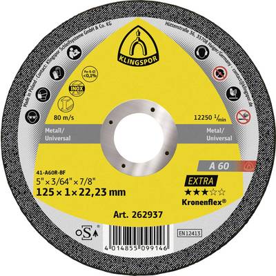 Klingspor Kronenflex A 60 snijschijf voor metaal/universeel, 5 x 3/64 x 7/8 inch, 125 x 1 x 22,23 mm, max 12.250 rpm.