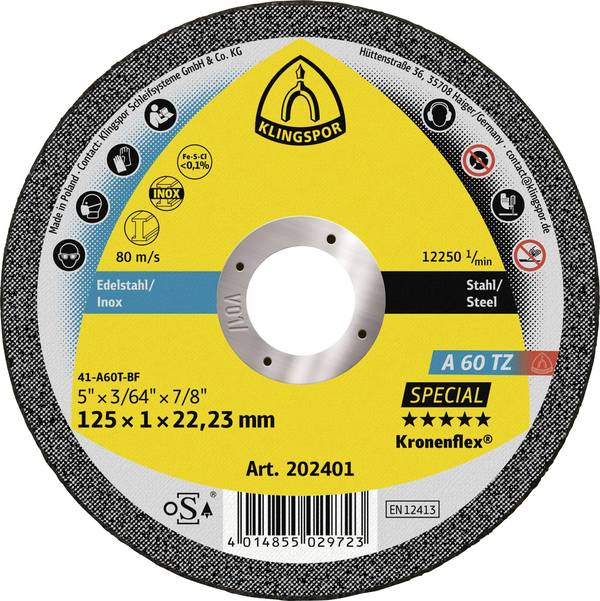 Klingspor A 60 TZ Special 202401 Doorslijpschijf recht 125 mm 25 stuk(s) RVS, Staal