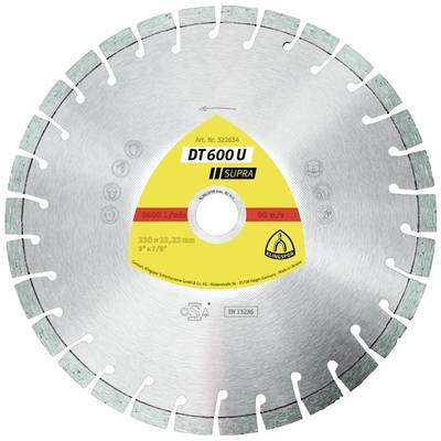 Zilveren diamantzaagblad 'DT 600 U' met geel etiket in het midden, toont technische specificaties zoals afmeting en snelheid.