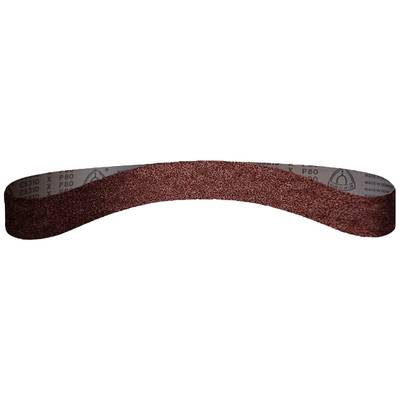 Bruine schuurband in gebogen vormweergave, met K55-korrelgrootte en markeringen op de achterzijde zichtbaar.