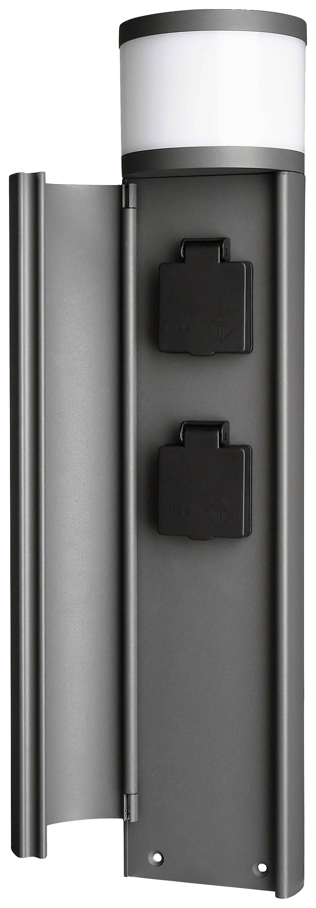 Tuinlantaarn met twee stopcontacten, modern design, verticaal gemonteerd.