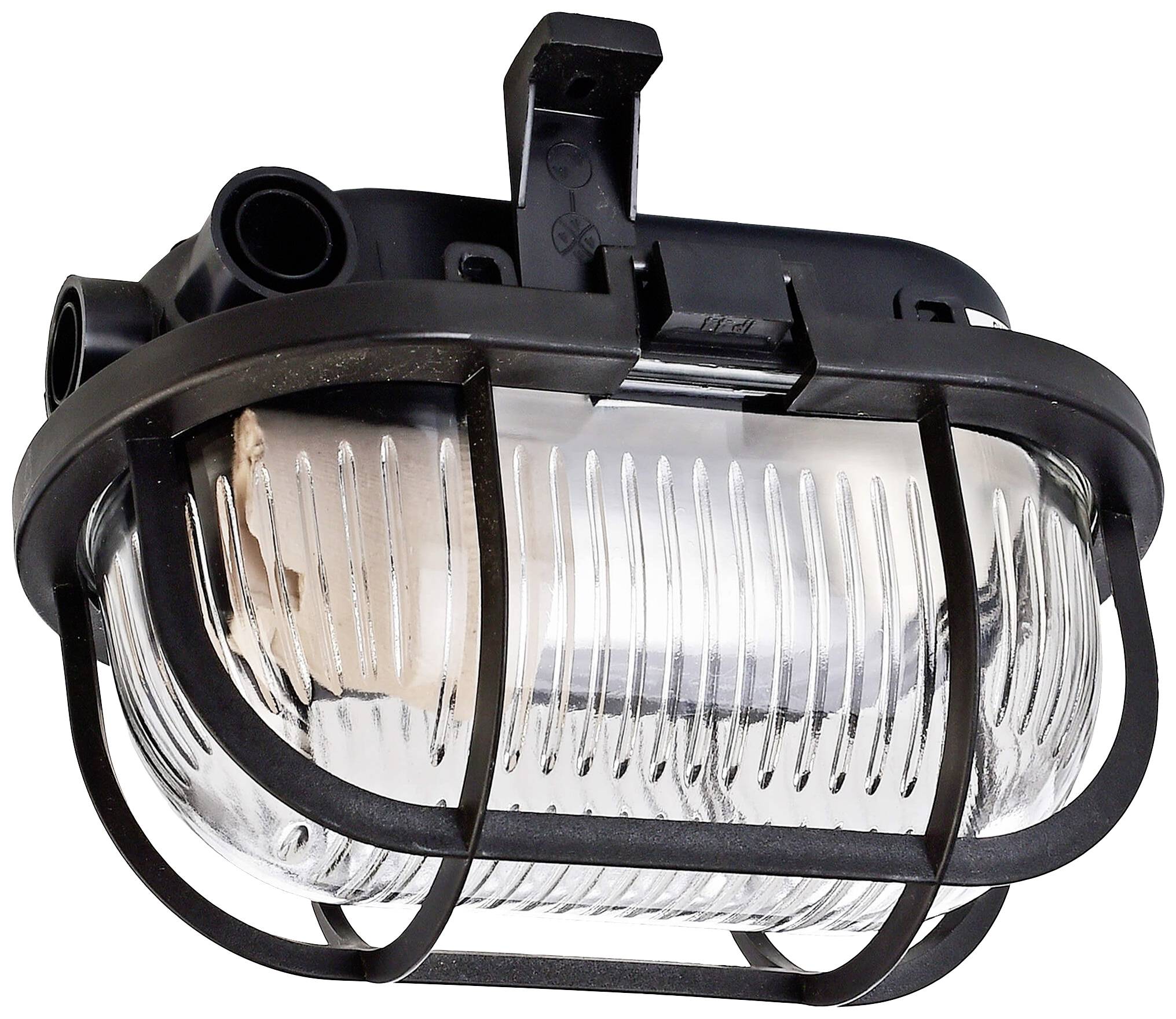 Metalen wandlamp met rooster-afdekking en geprofileerd glas, geschikt voor robuuste buitenverlichting.