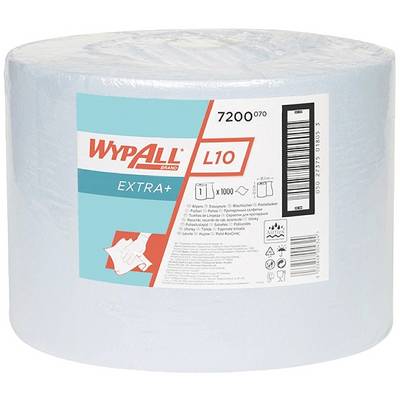 Een grote rol blauwe industriedoeken van het merk WypAll L10, Extra+, met 1000 doeken. Het etiket toont productinformaties en symbolen.