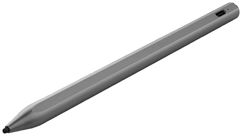 Grijze elektronische pen met ingedrukte punt; licht schuin liggend, glanzend oppervlak, geschikt voor touchscreens.