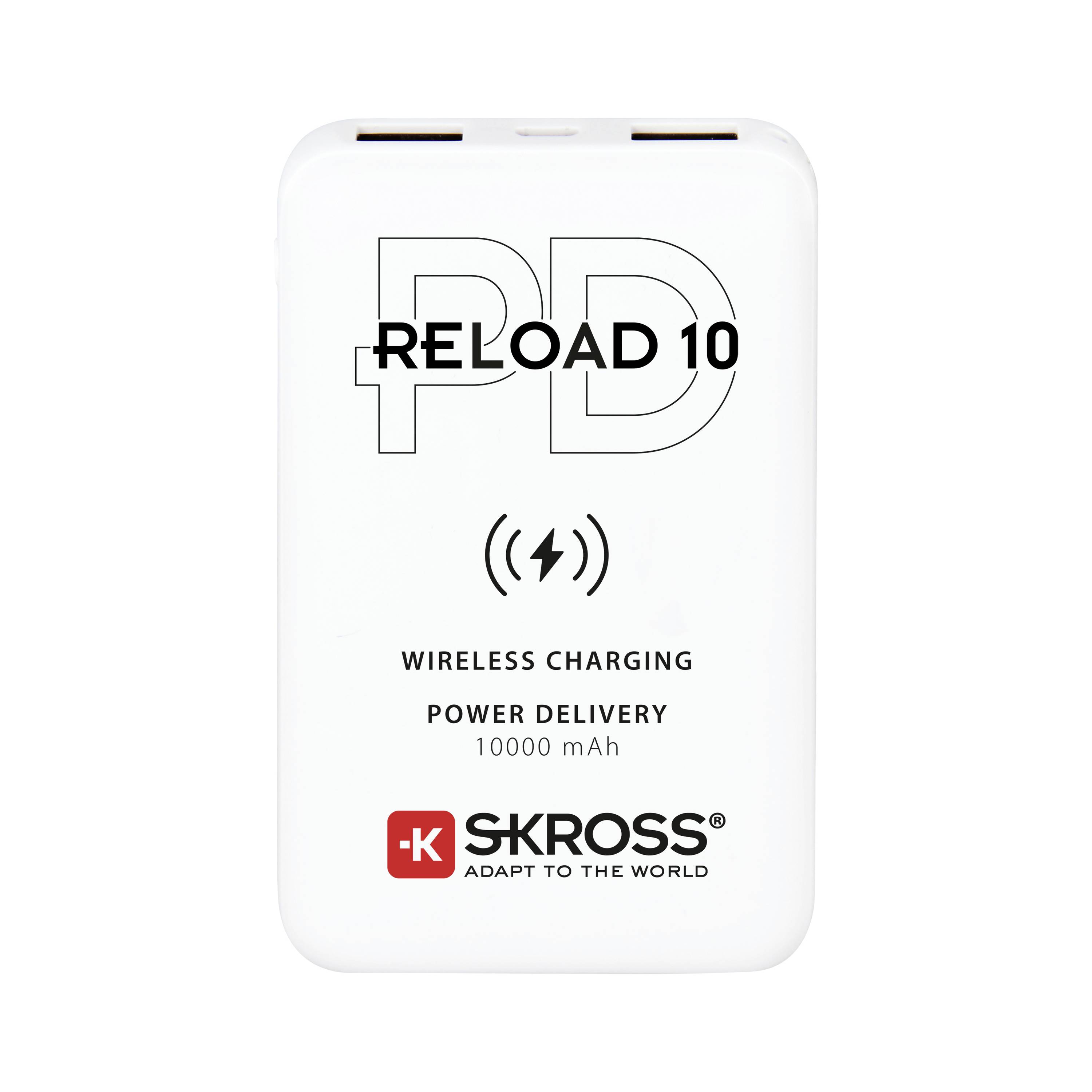 Witte powerbank met 10000 mAh capaciteit, gemarkeerd met 'RELOAD 10' en 'WIRELESS CHARGING'. Merk: SKROSS.