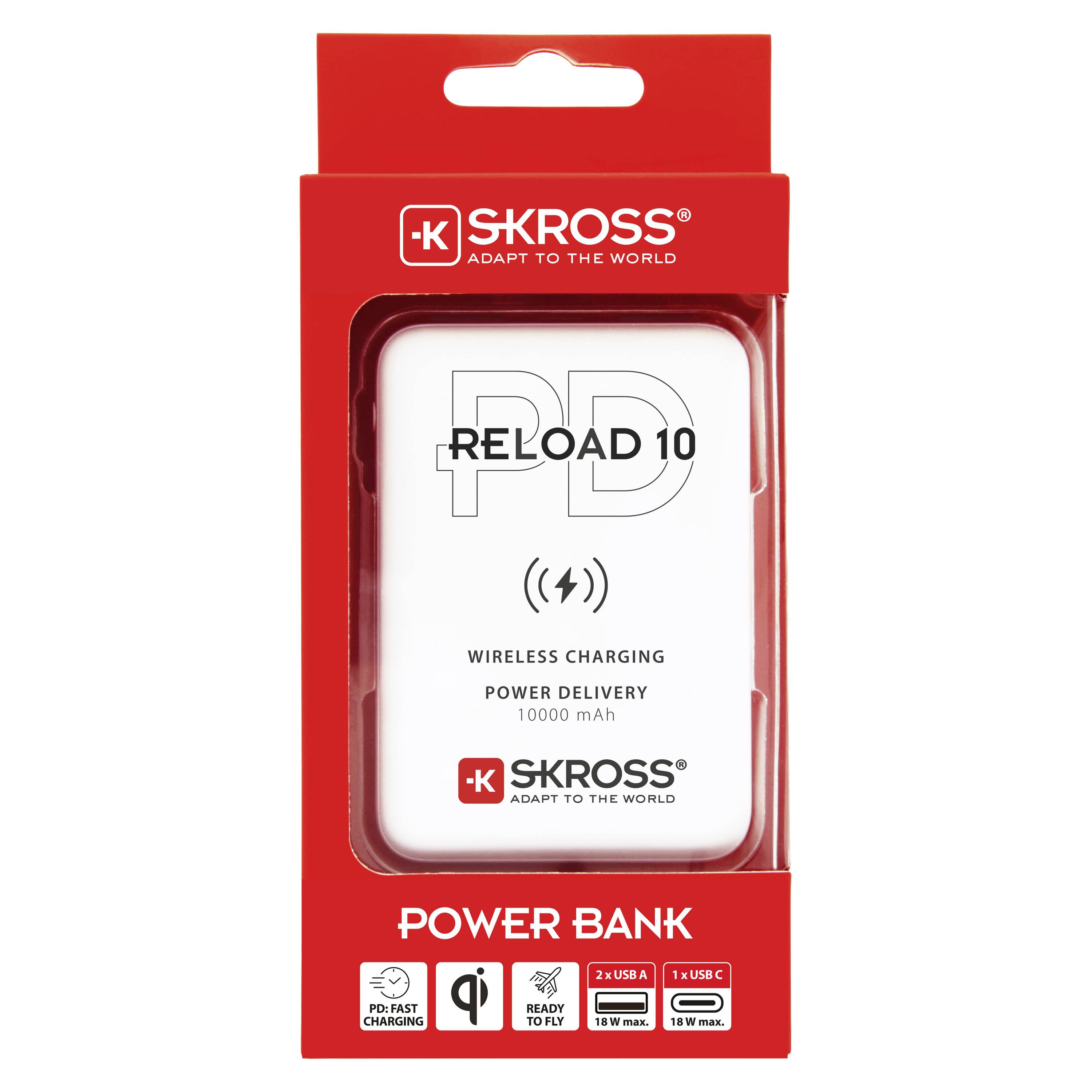 Powerbank-verpakking van SKROSS met de opdruk 'Reload 10', capaciteit van 10000 mAh, en draadloze laadmogelijkheid.