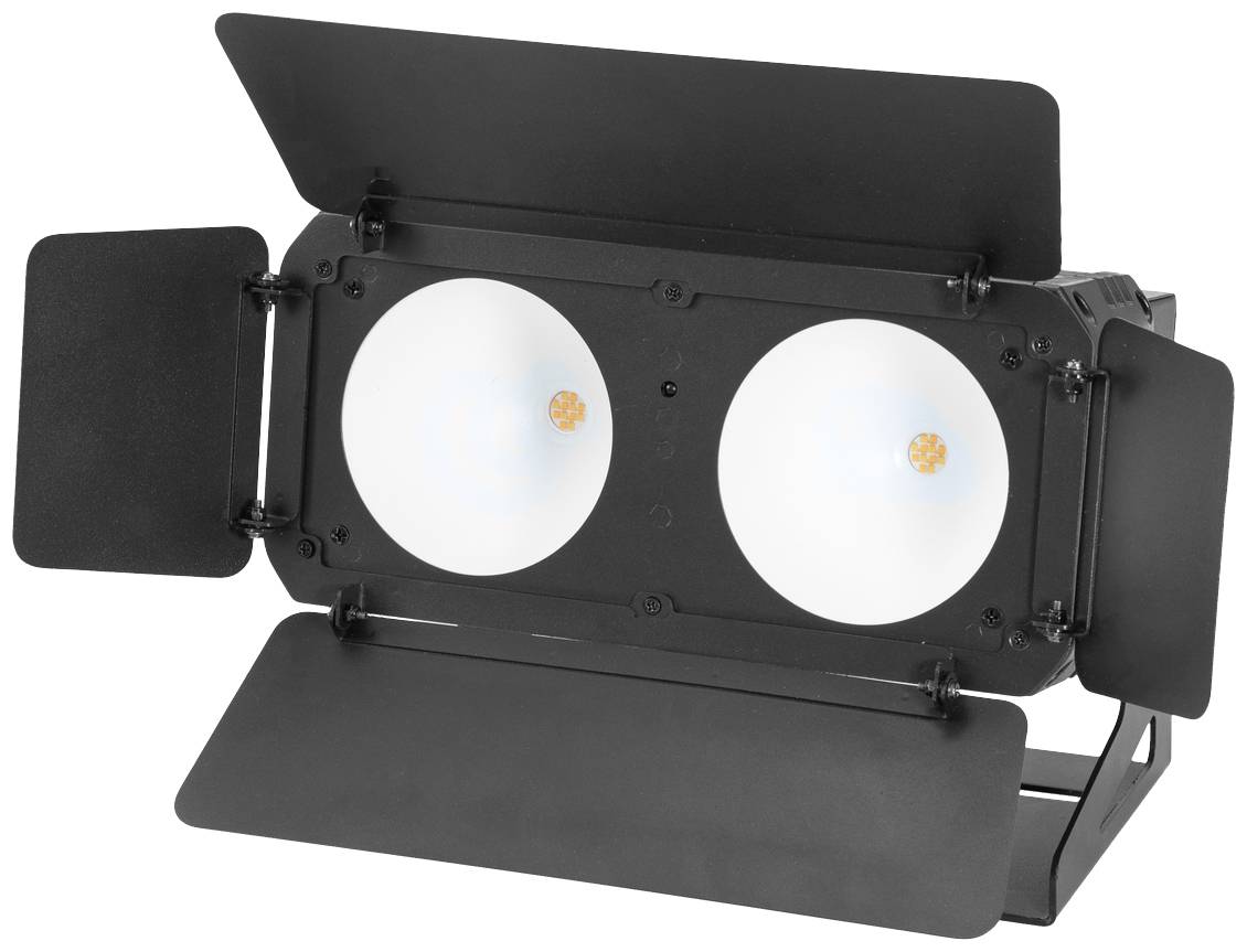 Een zwarte, rechthoekige LED-koplamp met twee ronde lenzen en verstelbare spreidkleppen voor lichtregulering.
