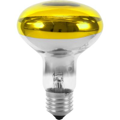 Gele gloeilamp met gegolfde voet, reflecterend glas en stralende kop. Hij oogt energiek en opvallend.