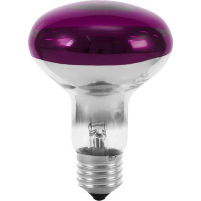 Een gloeilamp met een gespiegeld, paars glazen bovenkant en een standaard schroefaansluiting onderaan. Ideaal voor decoratieve verlichting.