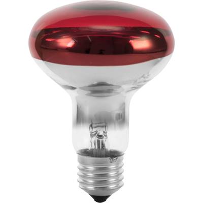 Een rode gloeilamp met gespiegeld oppervlak, E27-fitting, geschikt voor decoratieve doeleinden in woonruimtes of bij evenementen.
