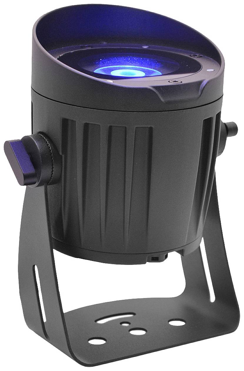 Een zwarte LED-schijnwerper met blauw licht op verstelbare beugel. Ideaal voor podiumverlichting en effectprojecties.