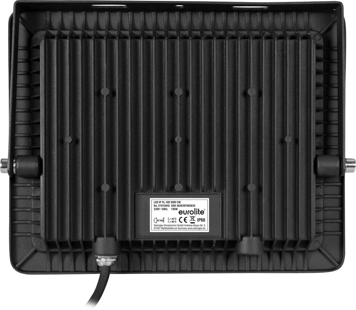 LED-schijnwerper achteraanzicht met geribde koeloppervlakte en bevestigingsschroeven. Etiket: 'Eurolite', CE-markering, IP65.