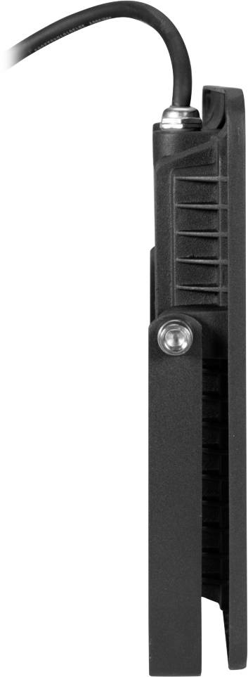 Een zwart, verticaal apparaat met een kabel bovenaan en een glanzende knop in het midden.