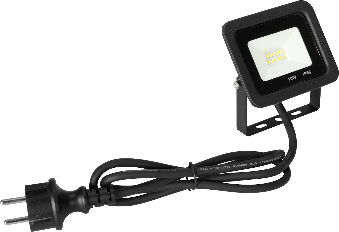 Een zwarte LED-schijnwerper met kabel en stekker, geschikt voor 10W vermogen en IP66-bescherming, gemonteerd op een verstelbare houder.