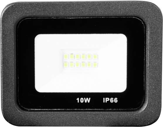Rechthoekige LED-schijnwerper met 10 Watt vermogen en IP66-beschermingsklasse, geschikt voor buitenverlichting.