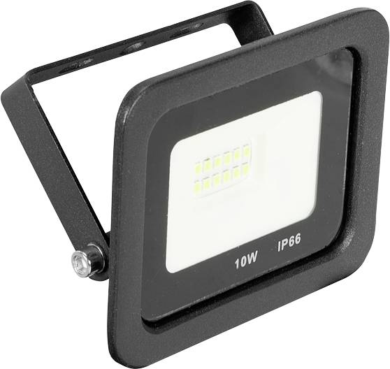 Een zwarte LED-schijnwerper met 10W vermogen en IP66 beschermingsklasse, geschikt voor gebruik buitenshuis.
