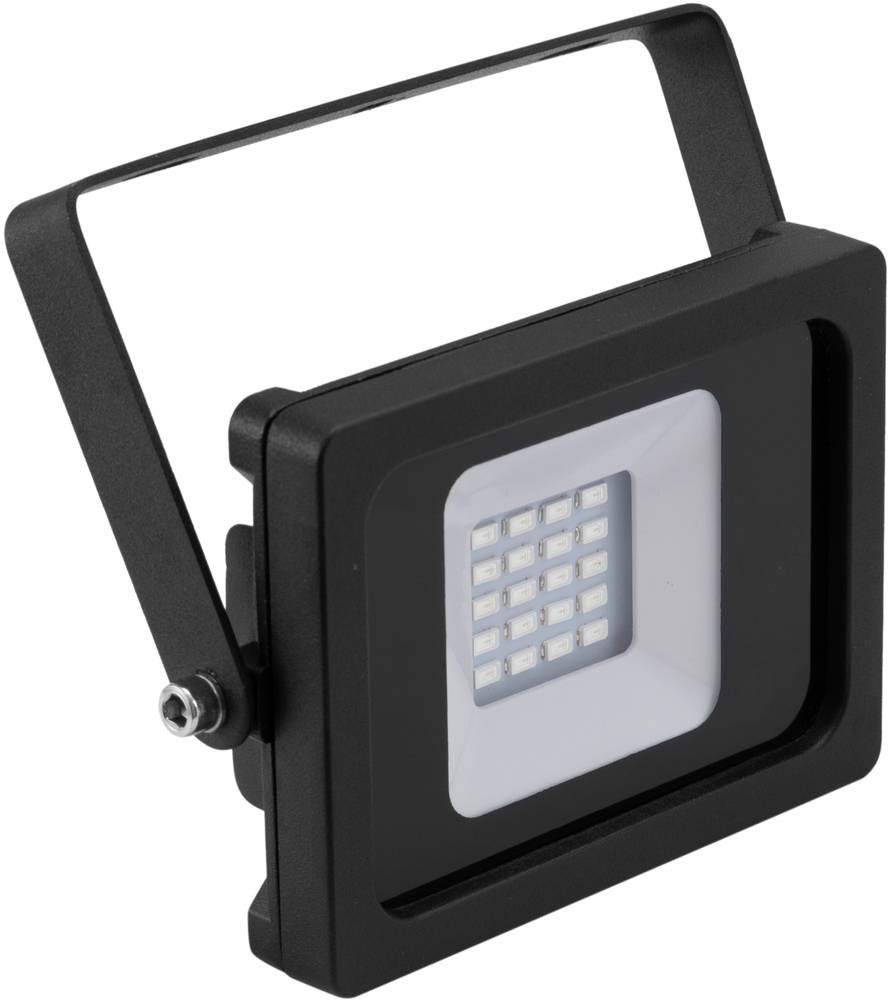 Een rechthoekige, zwarte LED-schijnwerper met bevestiging, toont een raster van glanzende dioden in het midden, geschikt voor buitenverlichting.