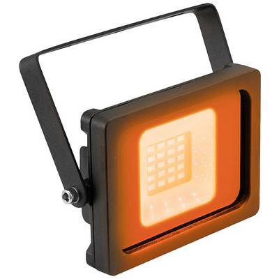 Een vierkante LED-schijnwerper met zwarte omlijsting, verlicht in helder oranje, geschikt voor buitenverlichting.