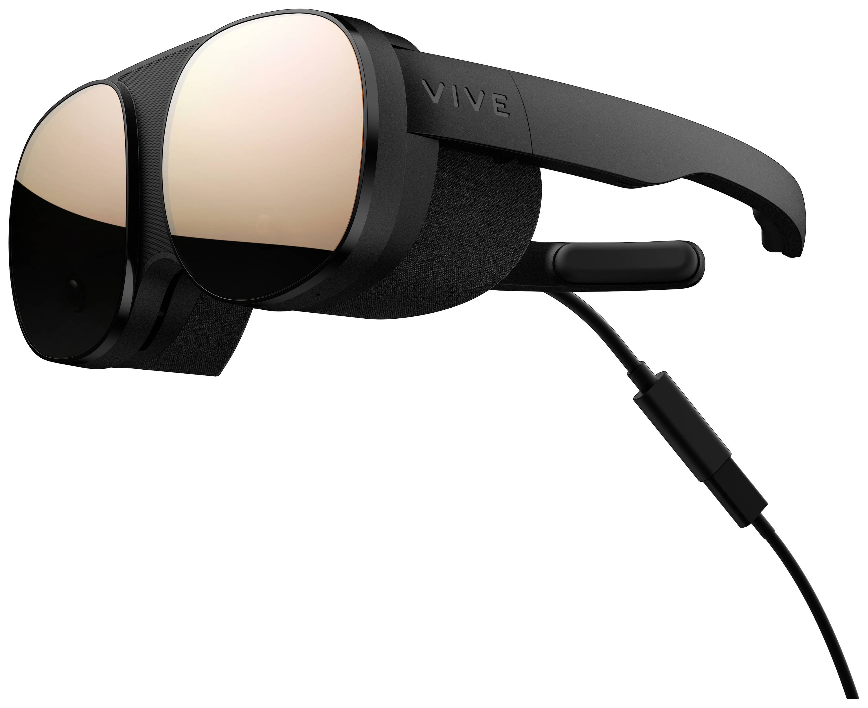 Een VR-headset in het zwart met spiegelglazen en een verbindingskabel.