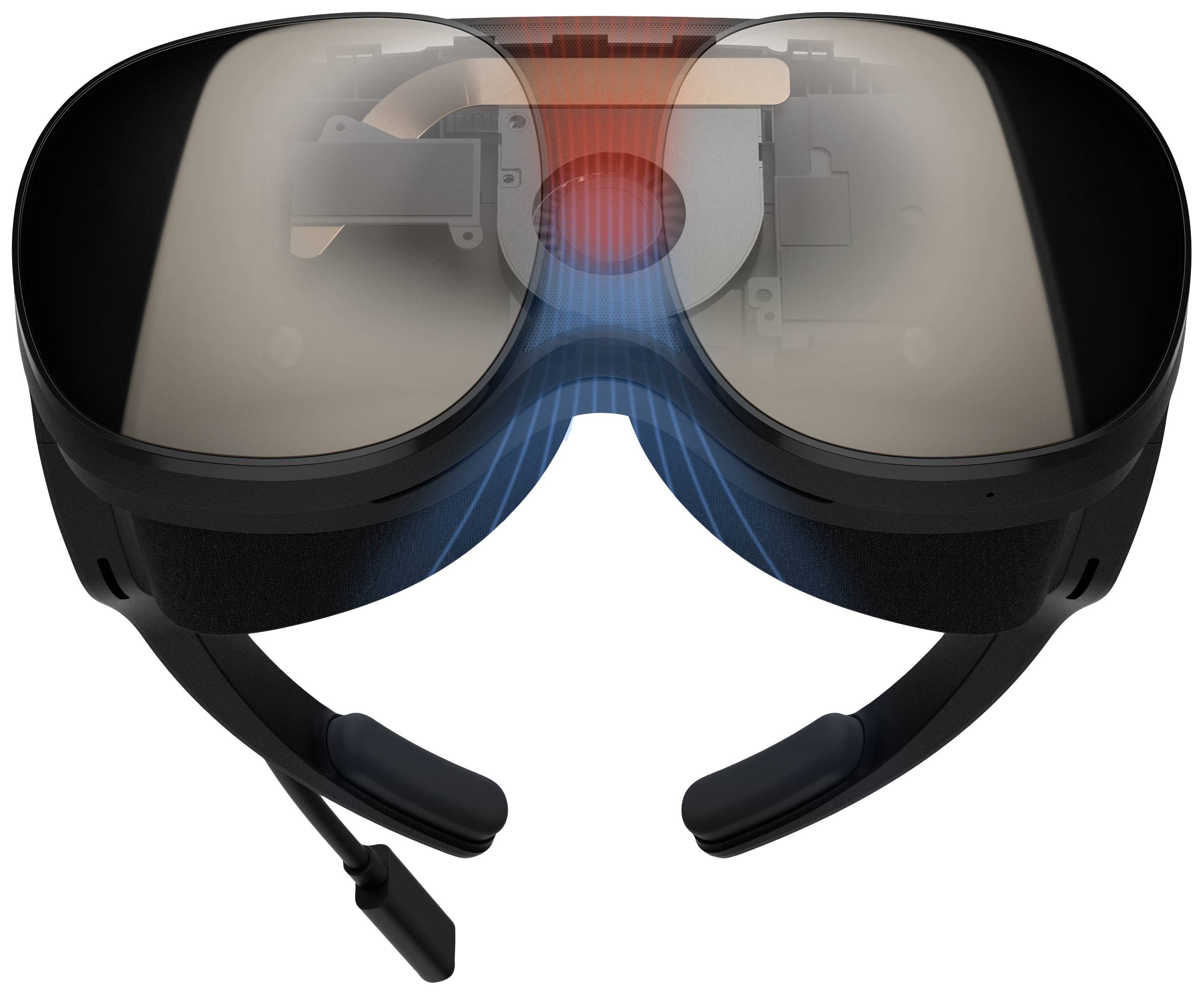 Virtual-realitybril in het zwart, toont de binnenste technische componenten, benadrukt door gekleurde lijnen die de luchtstroom en warmteafvoer illustreren.