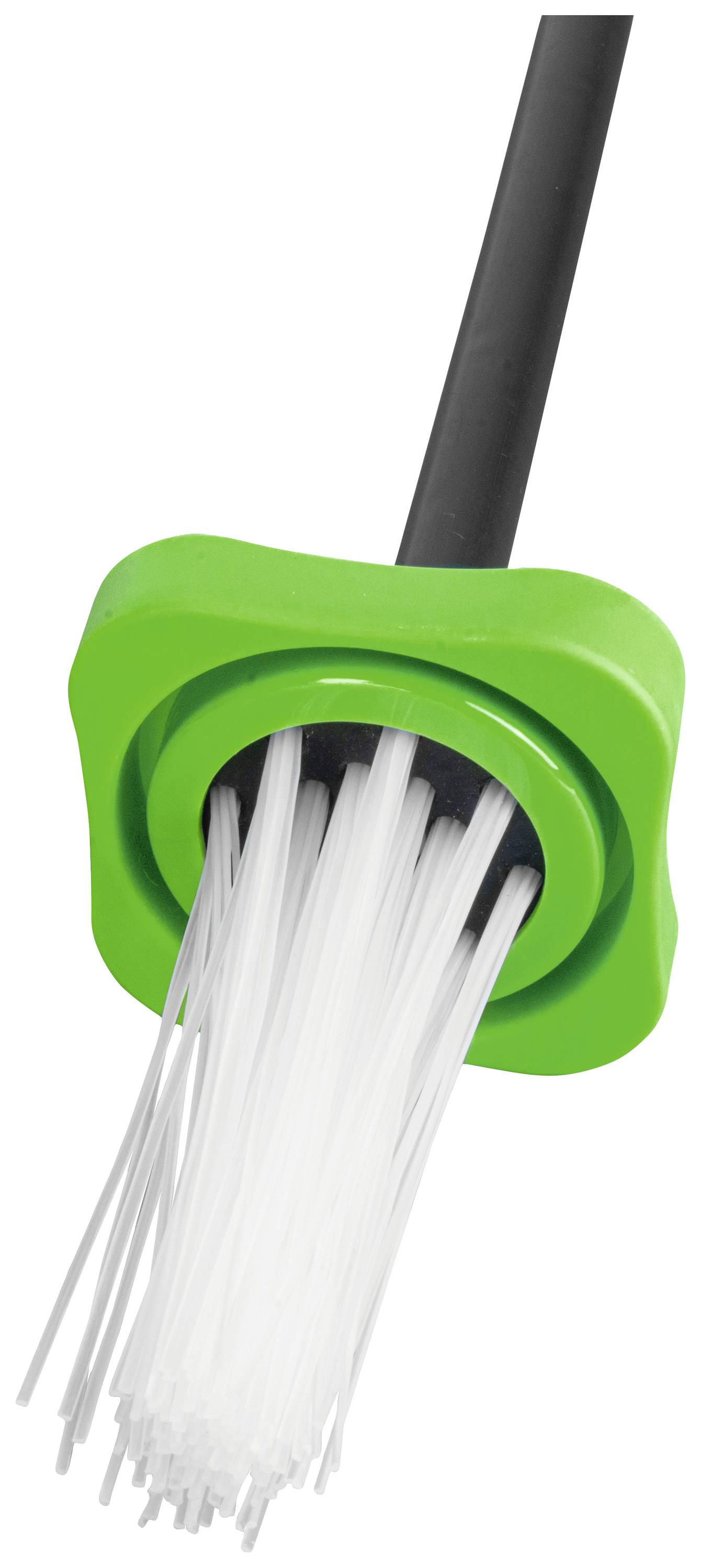 Borstelkop met witte borstels en groene houder, verbonden met een zwarte steel, voor reiniging of verzorging.
