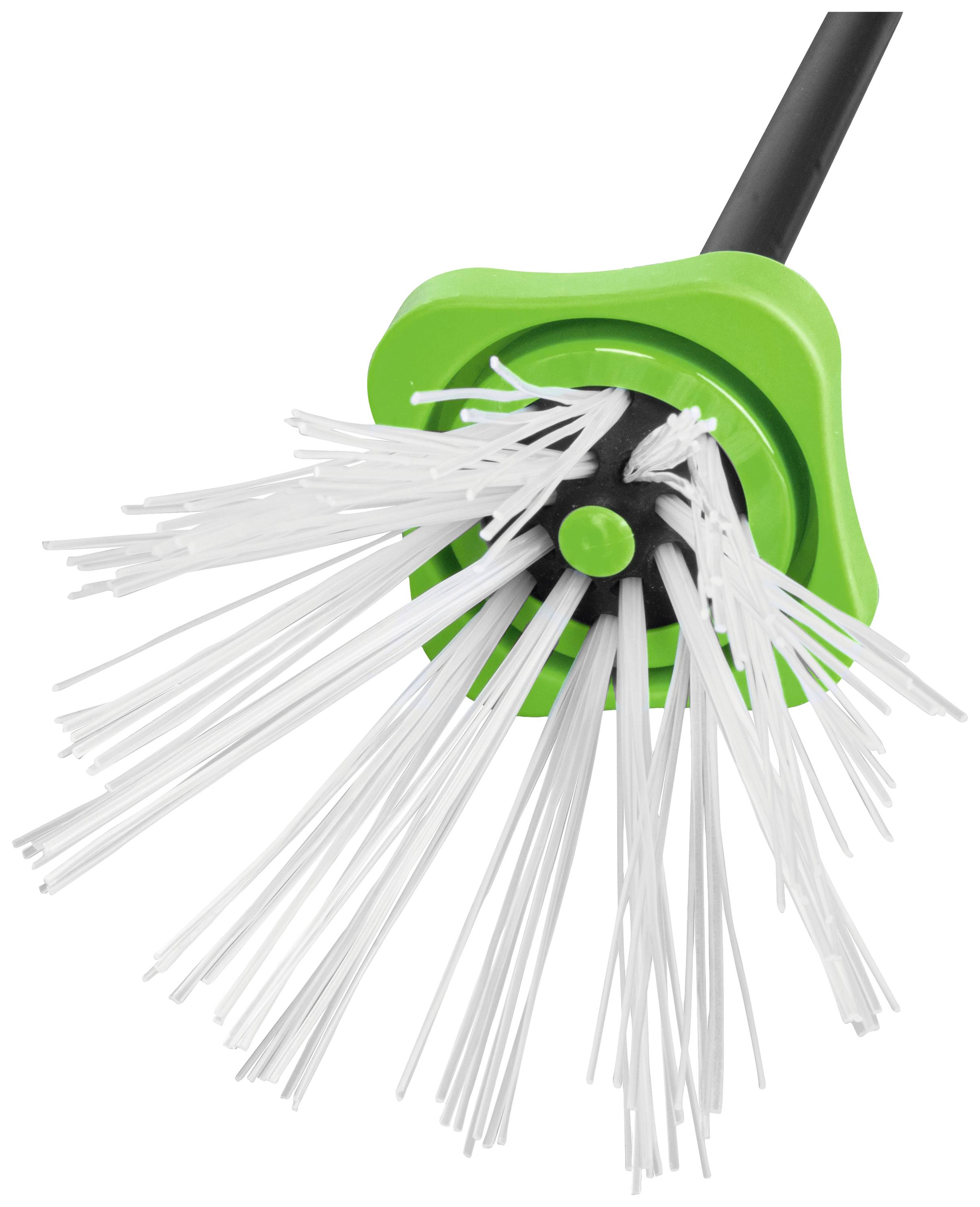 Groene toiletborstel met witte borstels en zwarte handgreep.