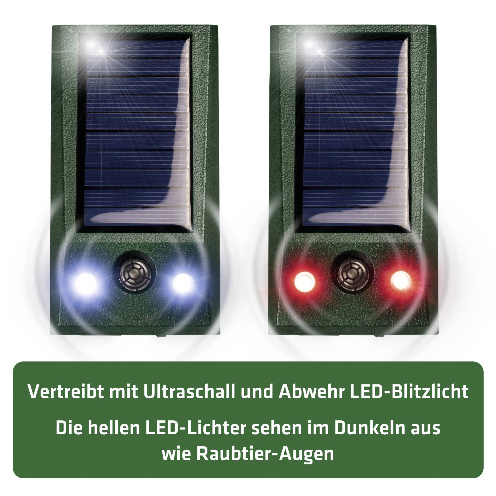 Twee groene apparaten met zonnepanelen en LED-verlichting. Tekst eronder: 'Verdrijft met ultrasoon geluid en afwerende LED-flitslicht.'